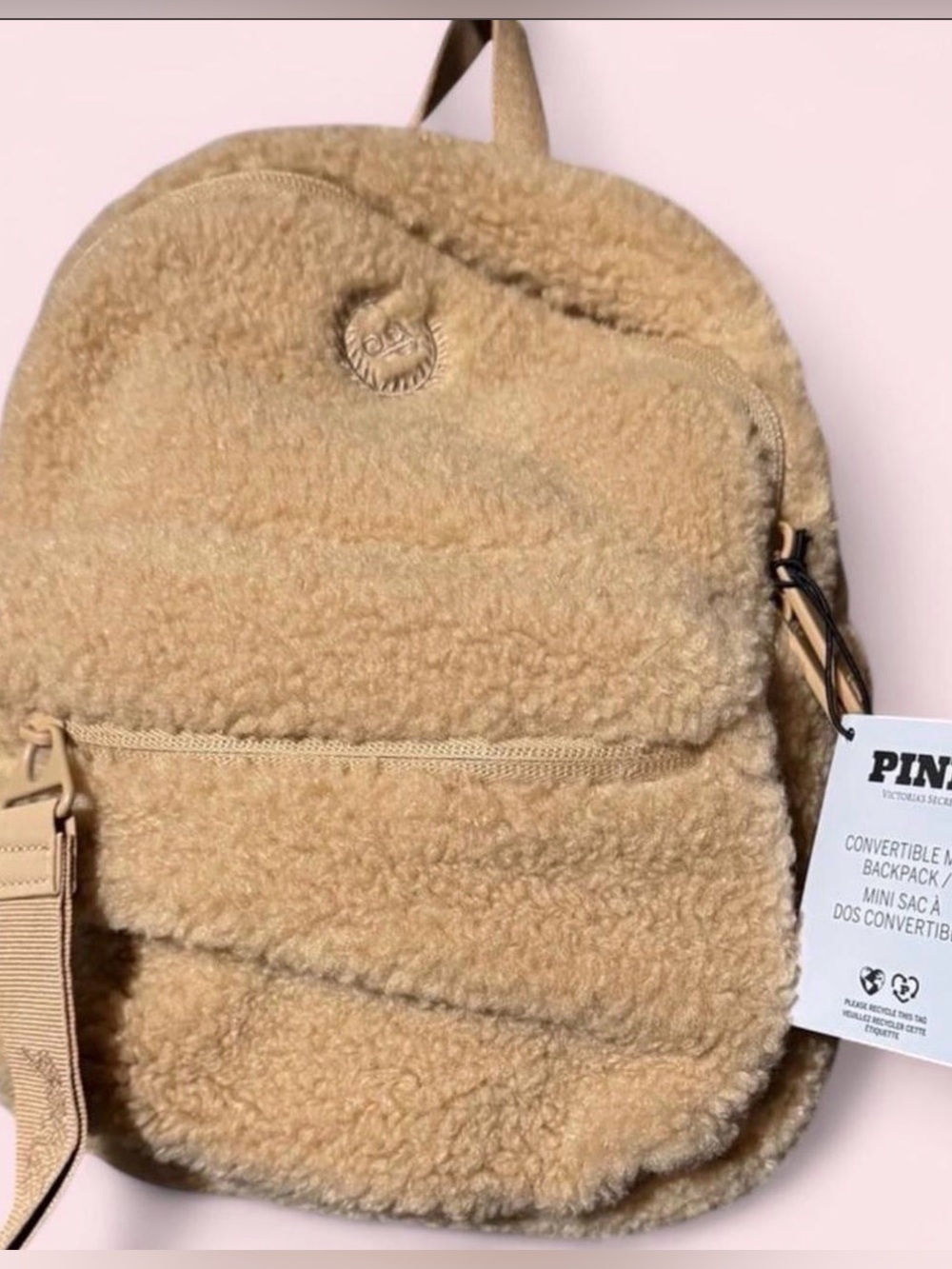 PINK Victoria's Secret Convertible Mini Backpack in Beige Fuzzy Sherpa Teddy